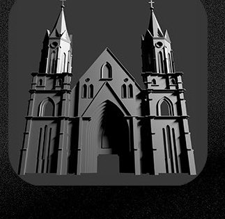 Grey 3D model of the cathedral facade