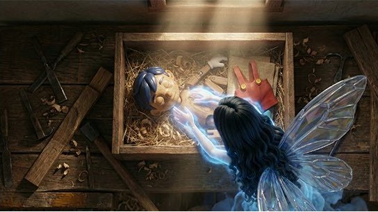 Wooden Pinocchio character coming to life with blue energy