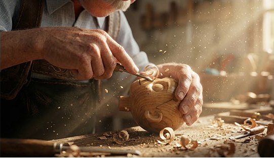 Hands carving the wooden puppet