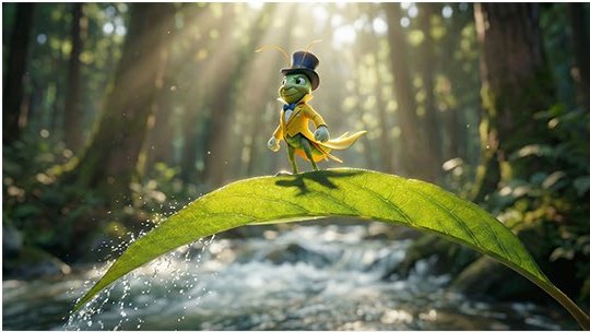 Cricket character on a leaf over a stream