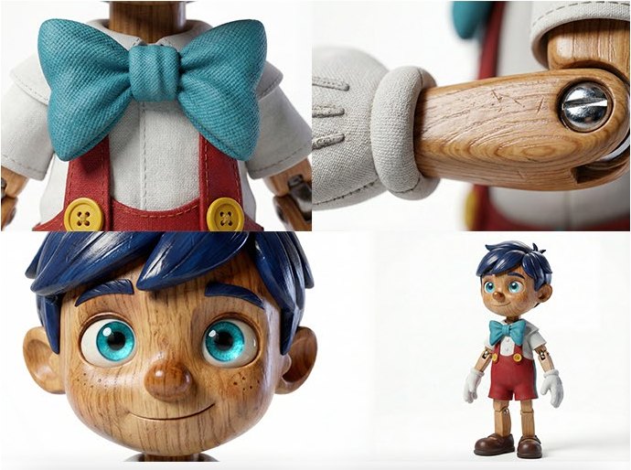 Pinocchio character sheet with bow tie and figure views