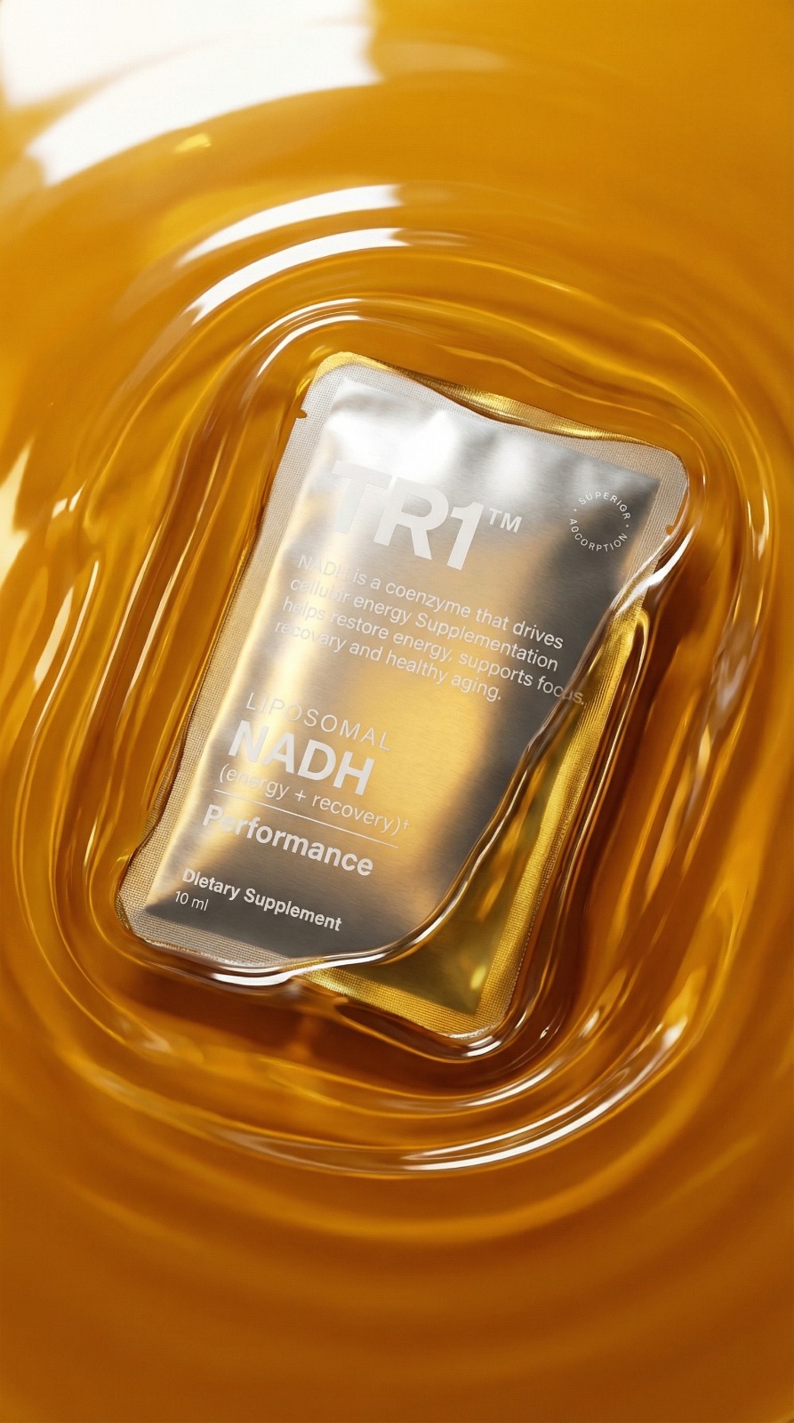 TR1 sachet rendered inside a swirl of golden liquid